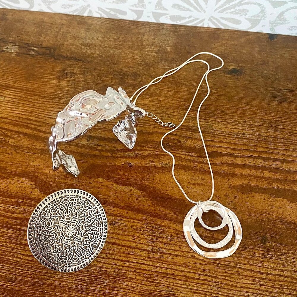 Silver Trio Set 3 Loop Pendant Retro Cuff Bracelet Large Shield Ring